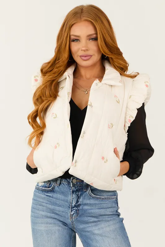 Vanilla Floral Embroidered Quilted Ruffle Vest - Heyson