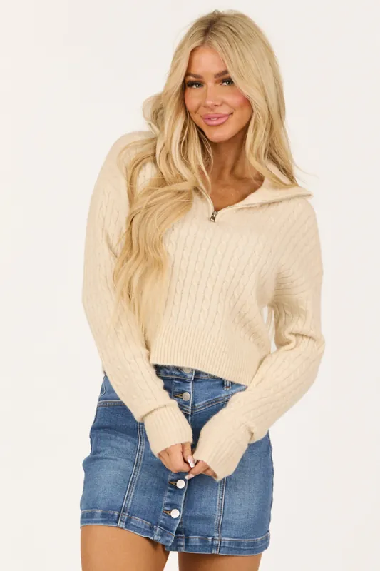 Cream Quarter Zip Up Collared Long Sleeve Sweater - Fore Collection
