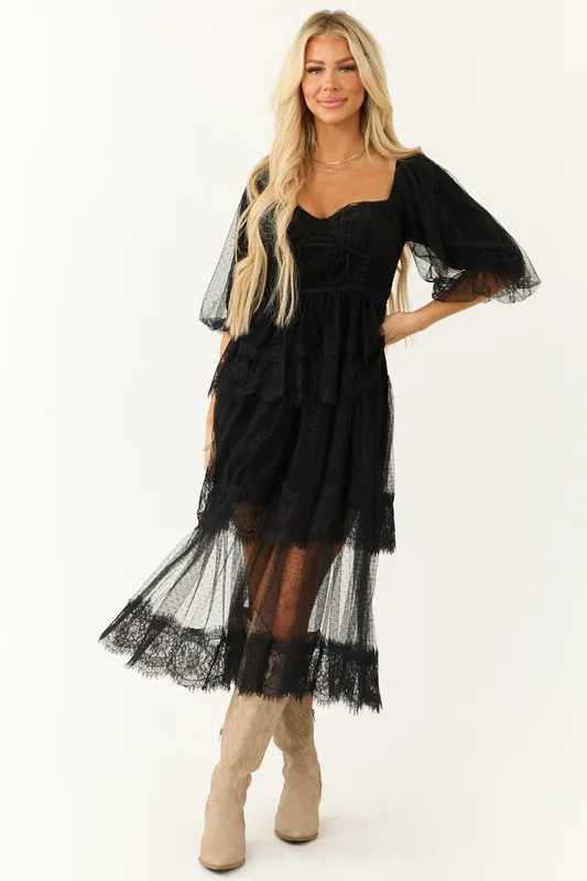 Black Bustier Mesh Lace Tiered Midi Dress - Listicle
