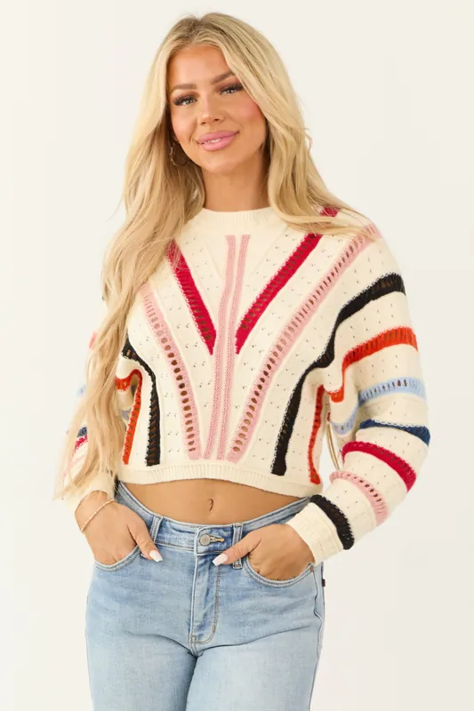 Cream Colorful Stripe Pointelle Knit Sweater - Fore Collection
