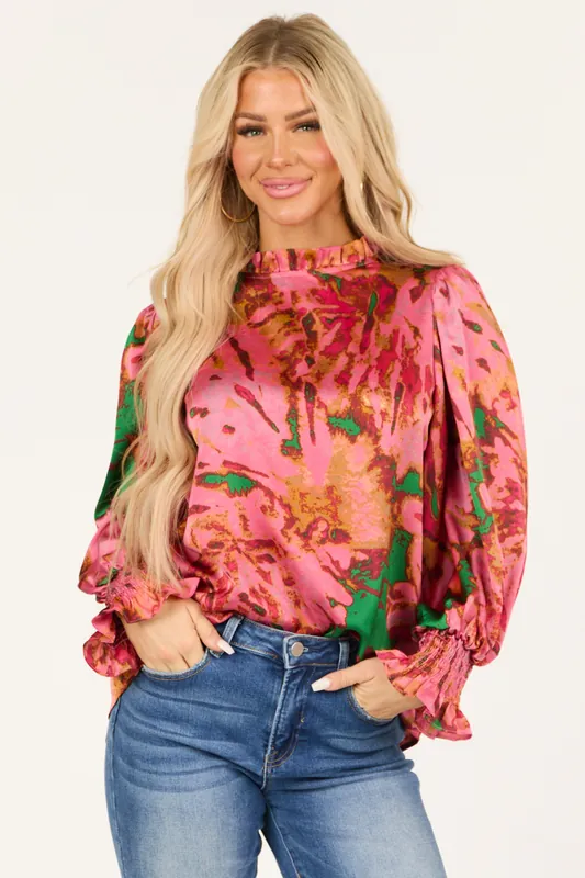 Watermelon Abstract Print Long Puff Sleeve Blouse - Shewin