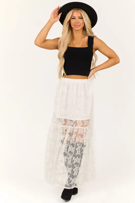 White High Waist Sheer Lace Maxi Skirt - De Vave