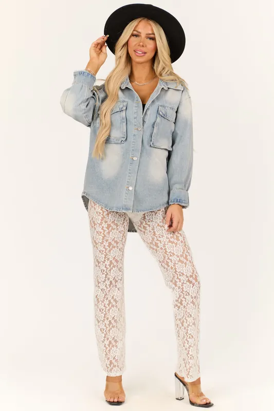 Ivory Sheer Lace High Waist Straight Leg Pants - De Vave