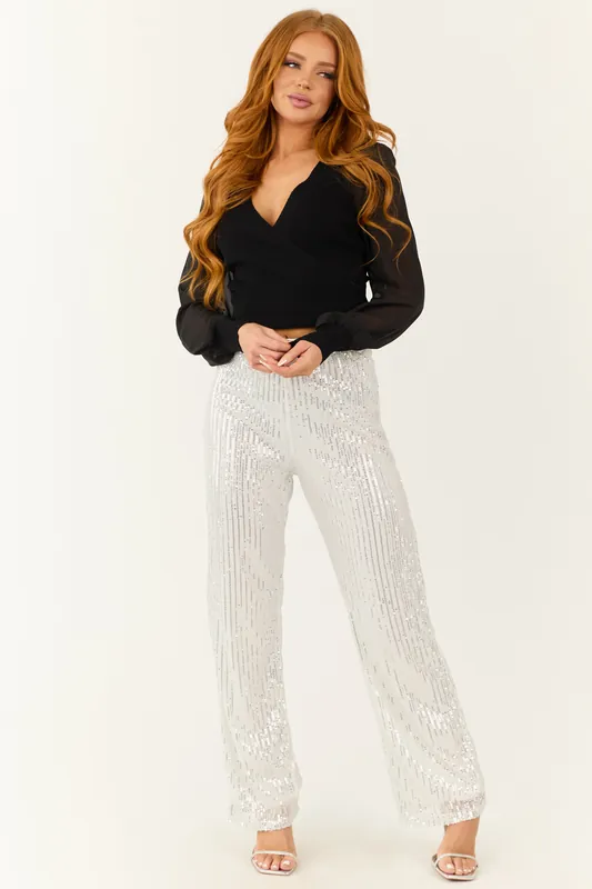 Silver Sequined High Waist Wide Leg Pants - De Vave