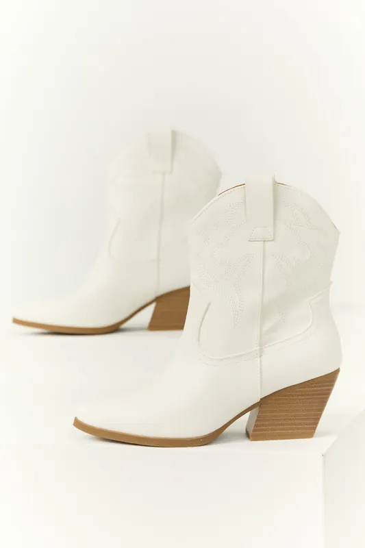 White Western Stitching Detail Ankle Booties - FORTUNE DYNAMIC
