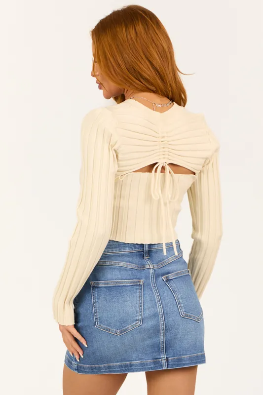 Cream Open Back Ribbed Long Sleeve Cropped Top - LE LIS