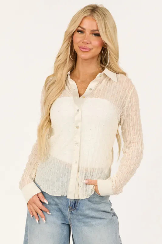 Cream Mesh Lace Long Sleeve Button Up Rhinestone Top - Umgee