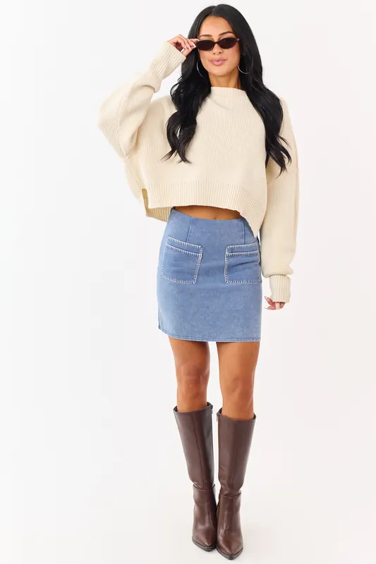 Medium Wash Denim Contrast Stitch Pocket Mini Skirt - IDEM DITTO