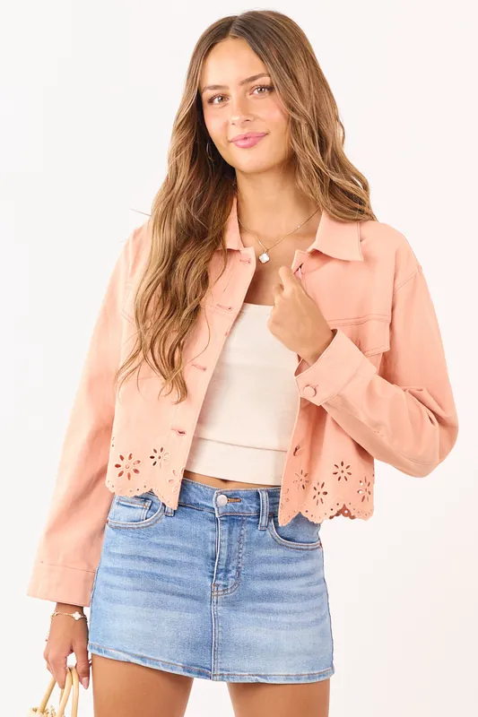 Light Peach Button Down Embroidered Denim Jacket - Mustard Seed