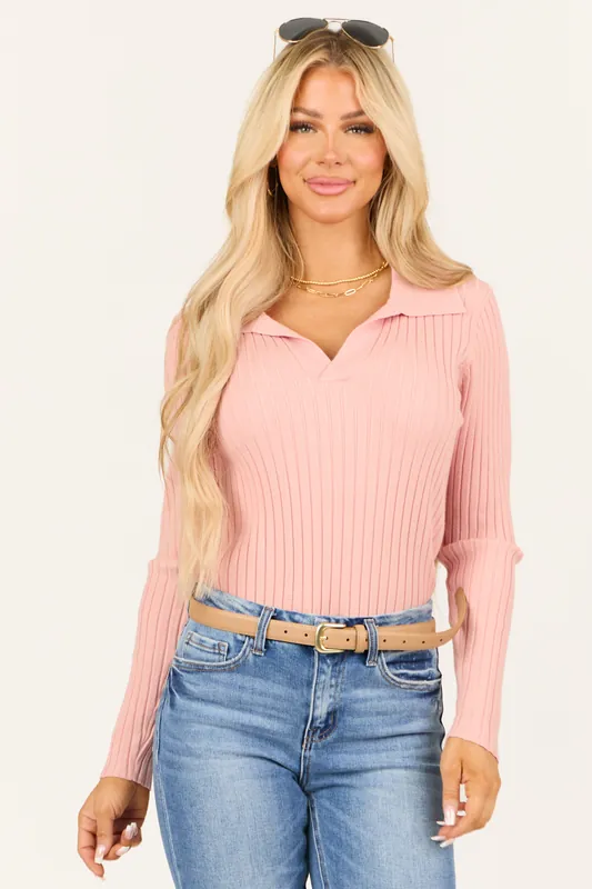 Baby Pink Collared Ribbed Knit Long Sleeve Sweater - Lumiere