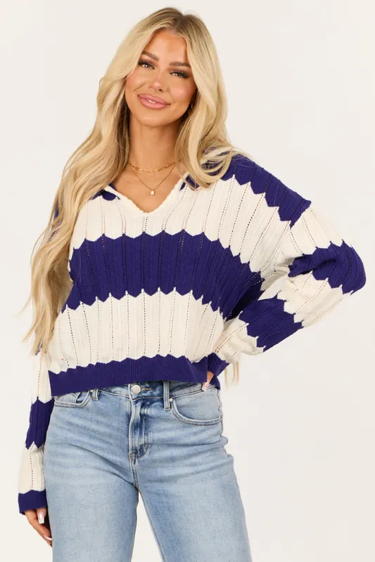 Cream and Navy Zig Zag Striped Collared Sweater - Lumiere