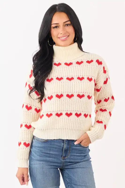 Cream Heart Print Turtleneck Long Sleeve Sweater - Lumiere