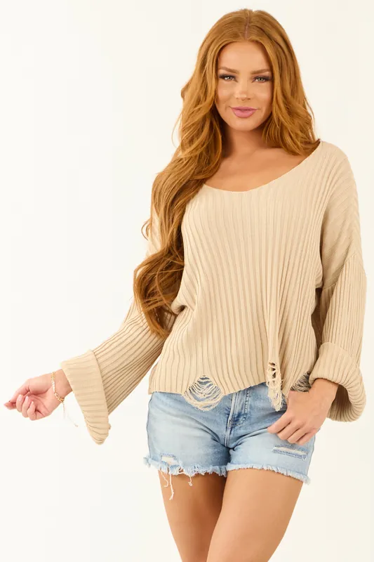 Beige Boatneck Distressed Flare Sleeve Sweater - Lumiere