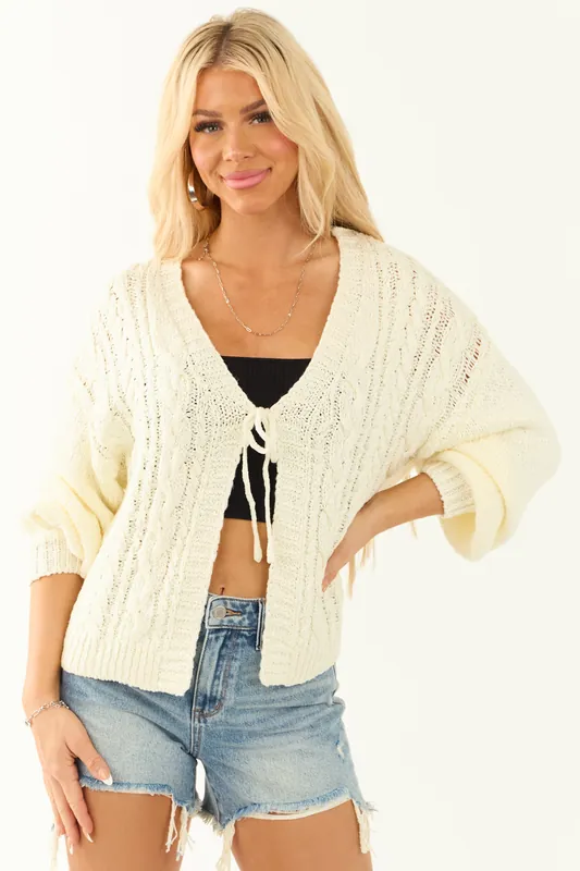 Cream Long Sleeve Front Tie Cable Knit Cardigan - LE LIS