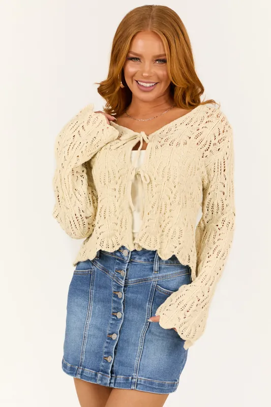 Cream Front Tie Flare Long Sleeve Cardigan - Gilli