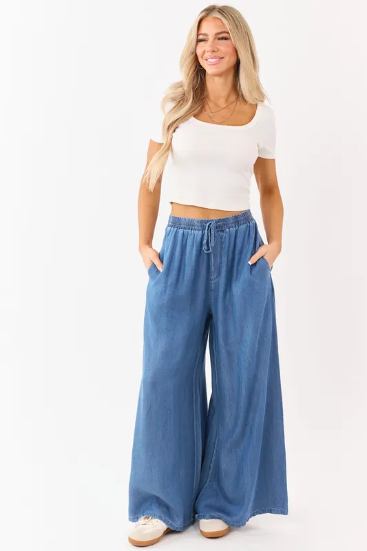 Dark Wash Tencel Denim High Rise Wide Leg Pants - In February