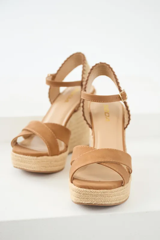 Cognac Cross Strap Platform Espadrille Wedges - FORTUNE DYNAMIC