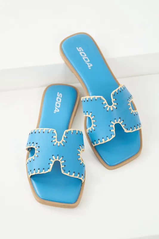 Azure Straw Trim Cut Out Strap Slide Sandals - FORTUNE DYNAMIC