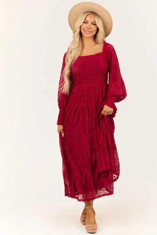Wine Smocked Bubble Sleeve Lace Maxi Dress - Listicle