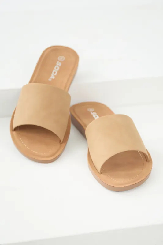 Latte Solid Band Flat Slide Open Toe Sandals - FORTUNE DYNAMIC
