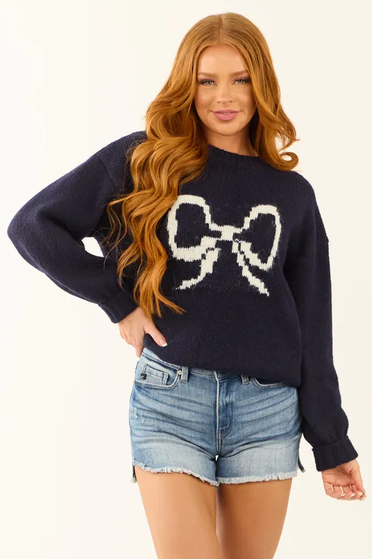 Navy Bow Graphic Long Sleeve Crew Neck Sweater - Blu Pepper