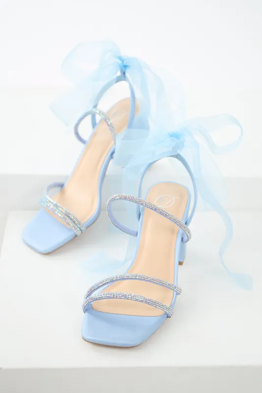 Powder Blue Rhinestone Ribbon Strap Heels - FORTUNE DYNAMIC