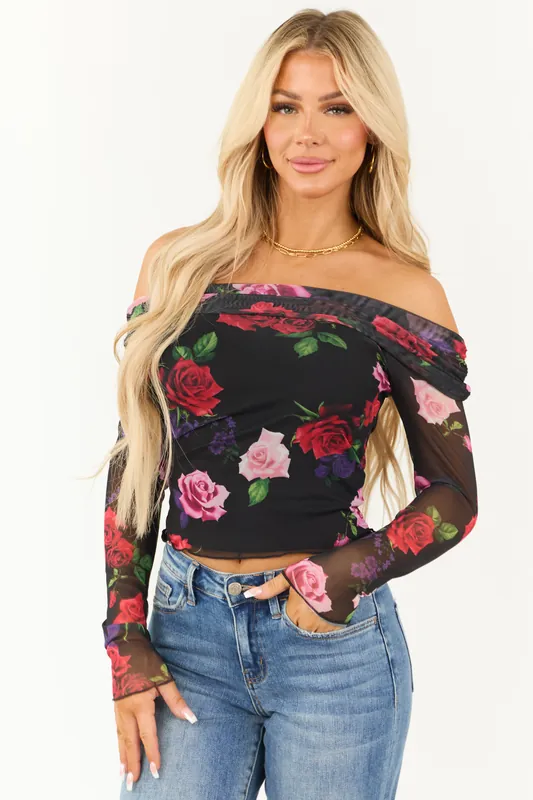 Black Floral Print Ruched Mesh Off Shoulder Top - Blue Blush