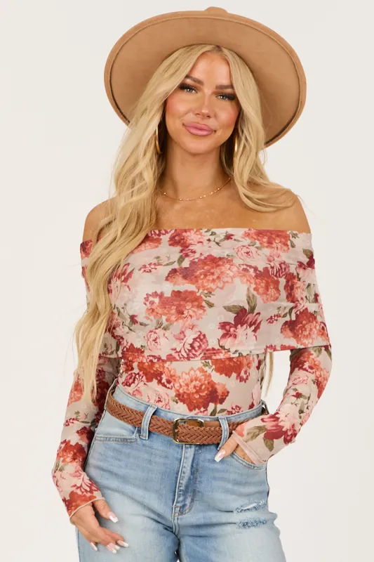 Dove Grey Floral Print Off the Shoulder Bodysuit - Shewin