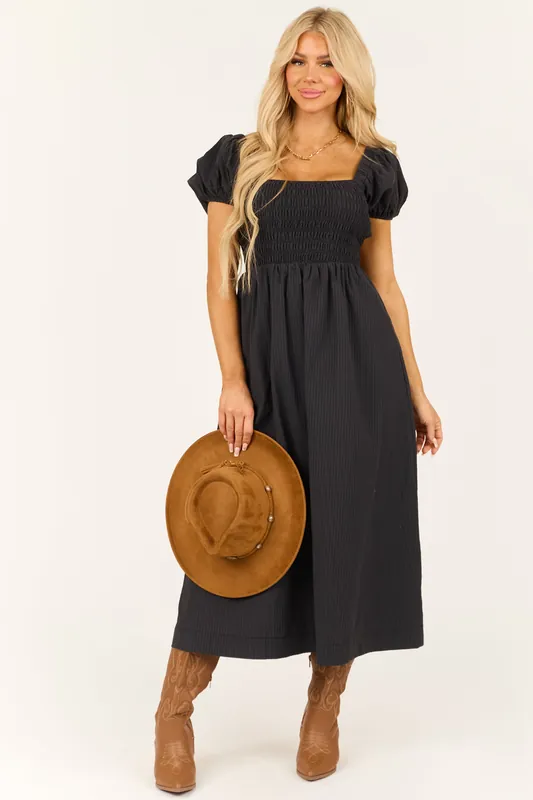 Black Faded Stripe Smocked Short Sleeve Maxi Dress - LE LIS