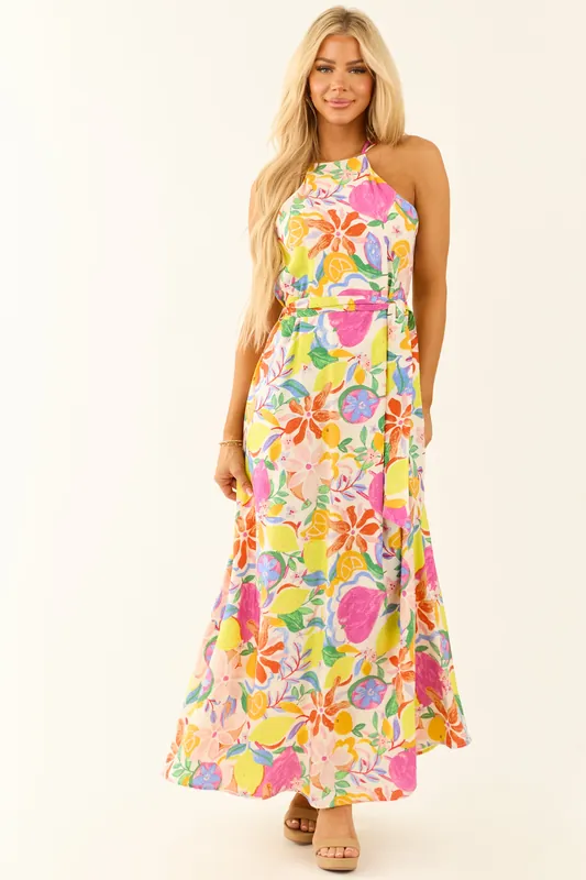 Ivory Colorful Floral and Fruit Print Maxi Dress - Fore Collection