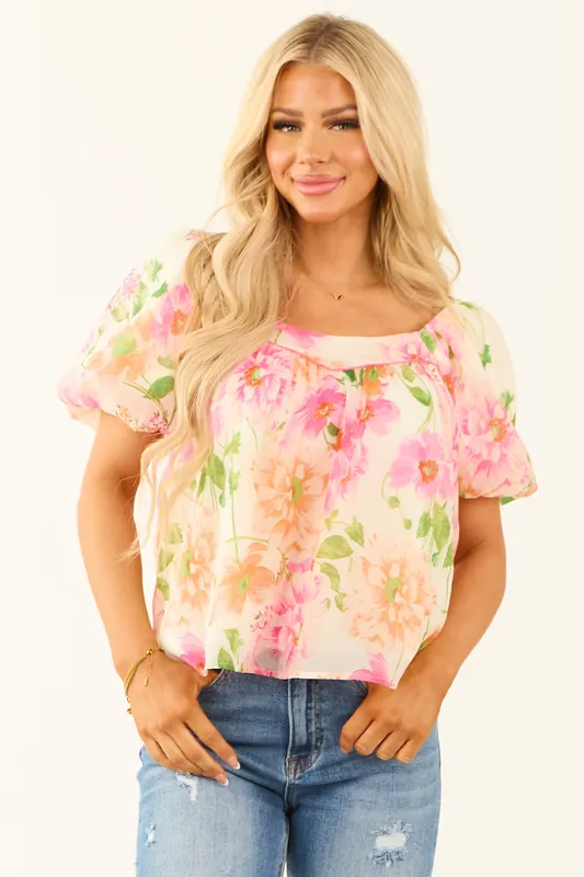 Champagne Floral Print Short Puff Sleeve Blouse - Flying Tomato