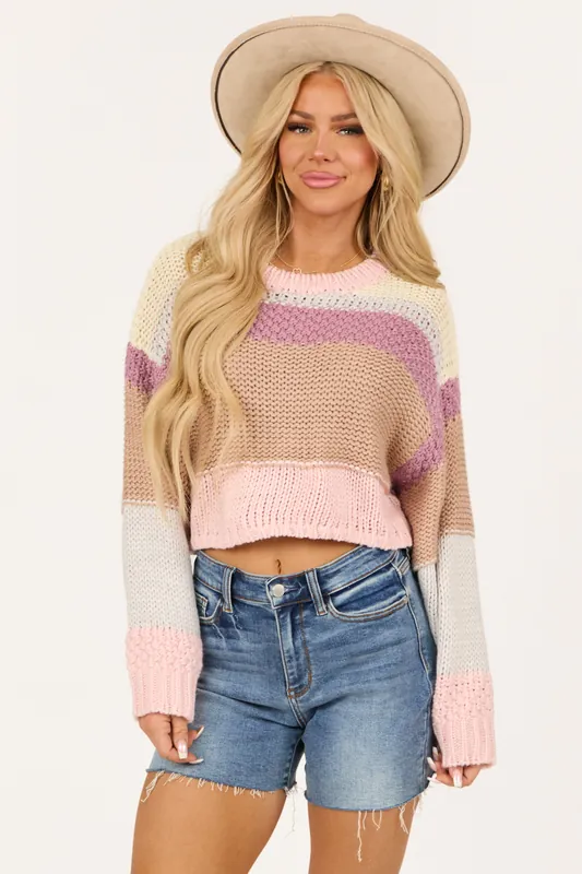 Baby Pink Striped Long Sleeve Cropped Sweater - LE LIS