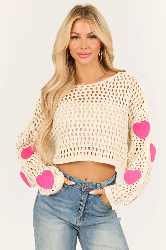 Ivory Open Crochet Knit Heart Patch Sleeve Sweater - So Me