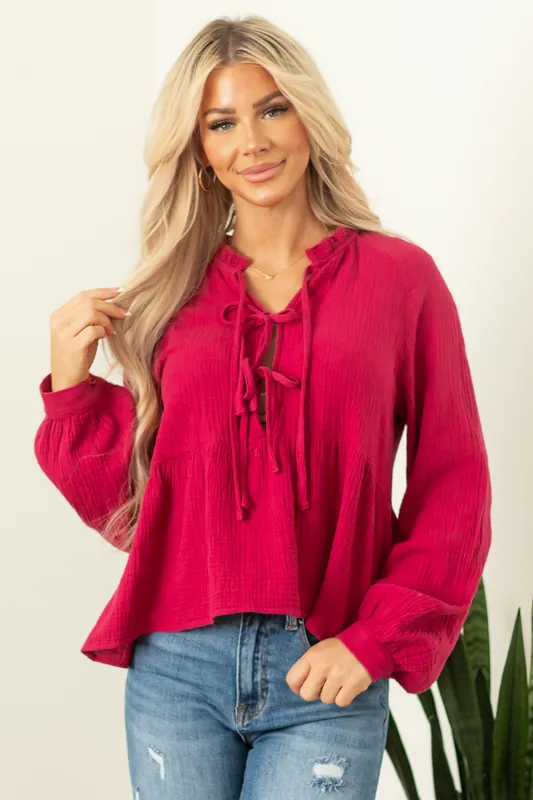 Berry Frill Neck Triple Front Tie Long Sleeve Top - So Me