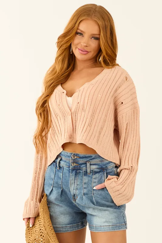Sunrise Button Down Distressed Cropped Cardigan - Signature8