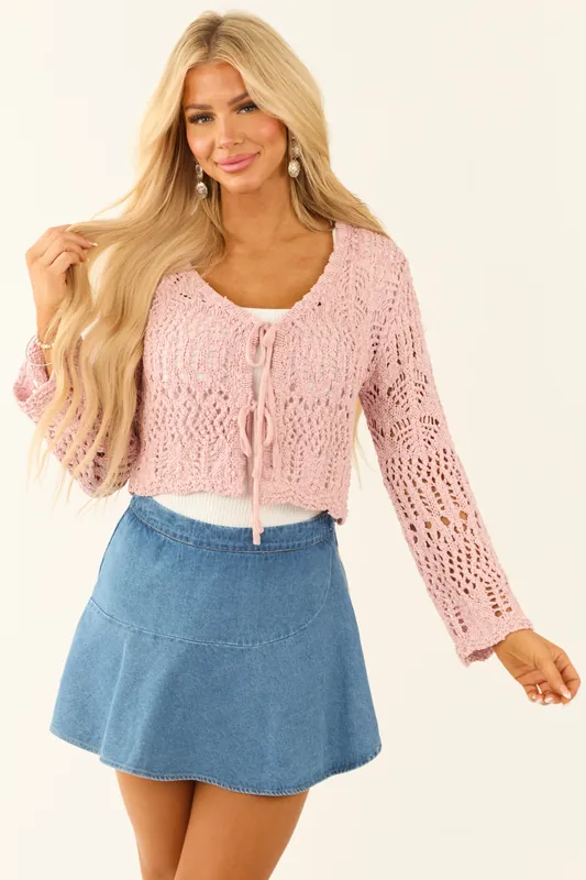 Dusty Blush Open Knit Two Tie Long Sleeve Cardigan - LE LIS