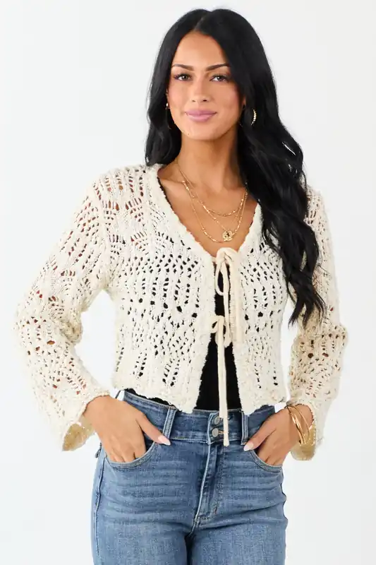 Cream Open Knit Two Tie Long Sleeve Cardigan - LE LIS