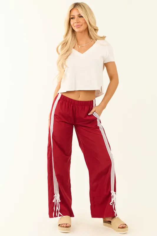 Cherry Side Striped Ribbon Wide Leg Track Pants - Love Poem