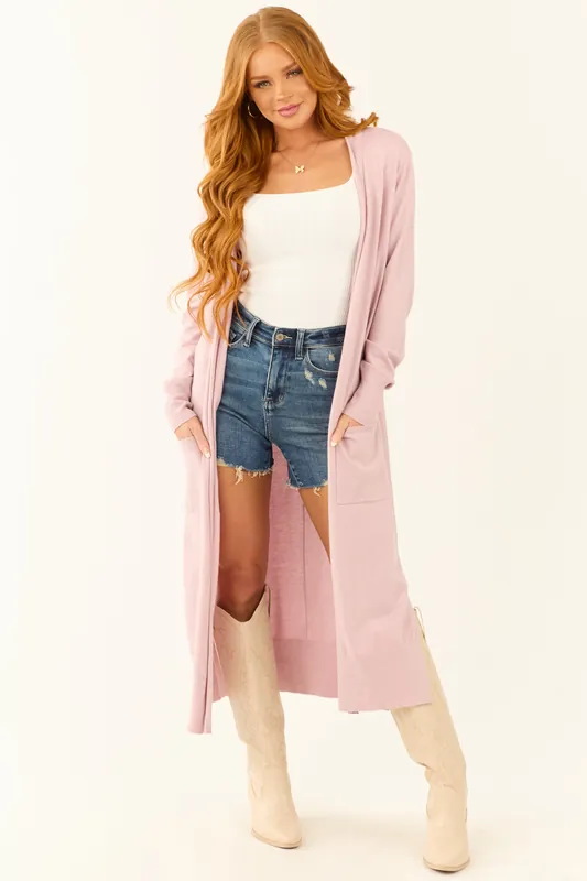 Mauve Open Front A-Line Long Sleeve Duster Cardigan