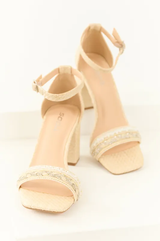 Sand Woven Open Square Toed Rhinestone Heels - FORTUNE DYNAMIC