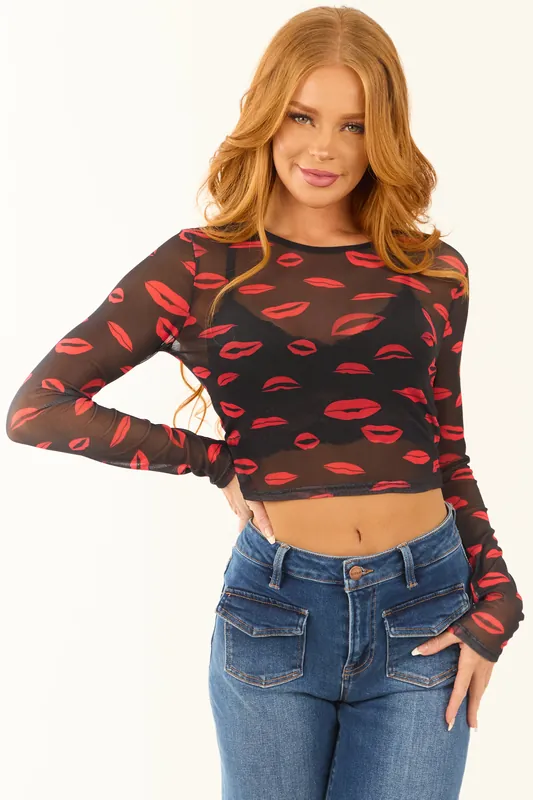 Black Lip Print Graphic Long Sleeve Mesh Top - Blue Blush