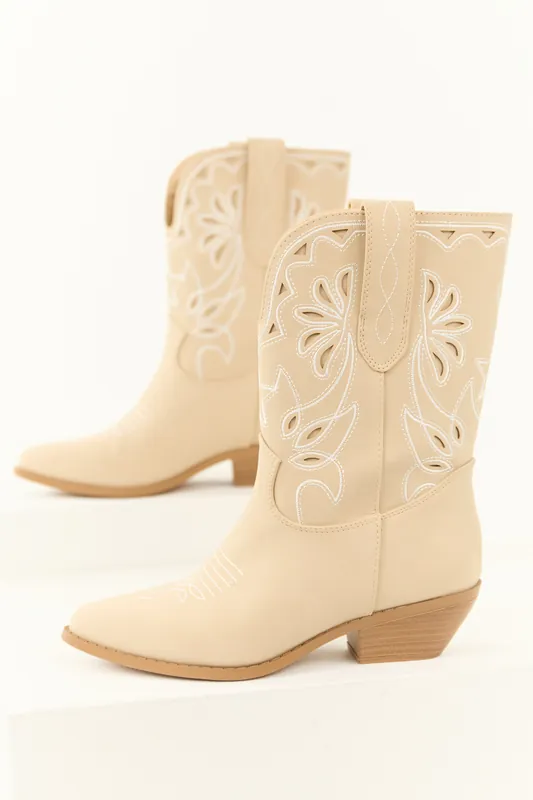 Almond Faux Suede Mid Calf Embroidered Boots - FORTUNE DYNAMIC
