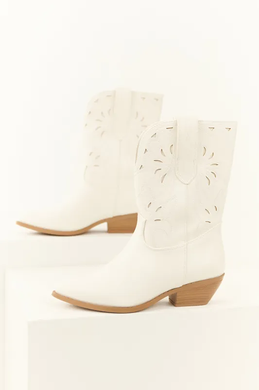 Ivory Faux Suede Mid Calf Embroidered Boots - FORTUNE DYNAMIC