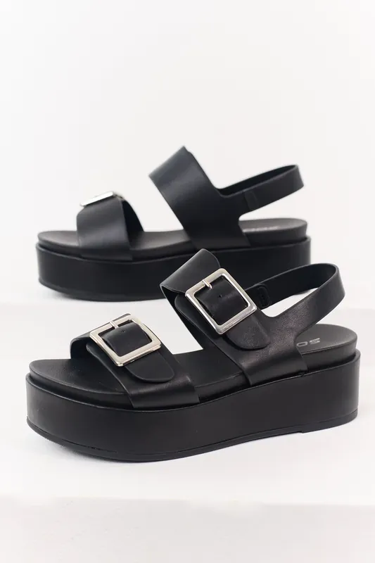Black Faux Leather Silver Buckle Platform Sandals - FORTUNE DYNAMIC