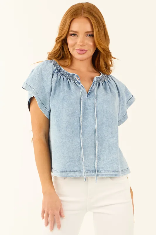 Light Mineral Wash Chambray Short Sleeve Top - IDEM DITTO