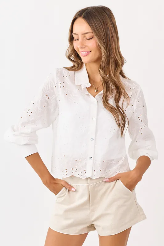 White Eyelet Button Down Scallop Hem Long Sleeve Top - IDEM DITTO
