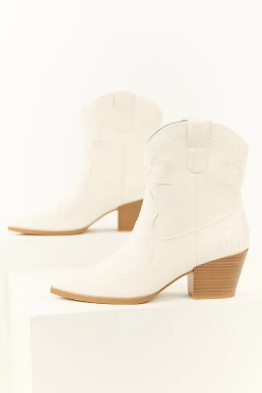 White Floral Embroidered Stacked Heel Booties - FORTUNE DYNAMIC