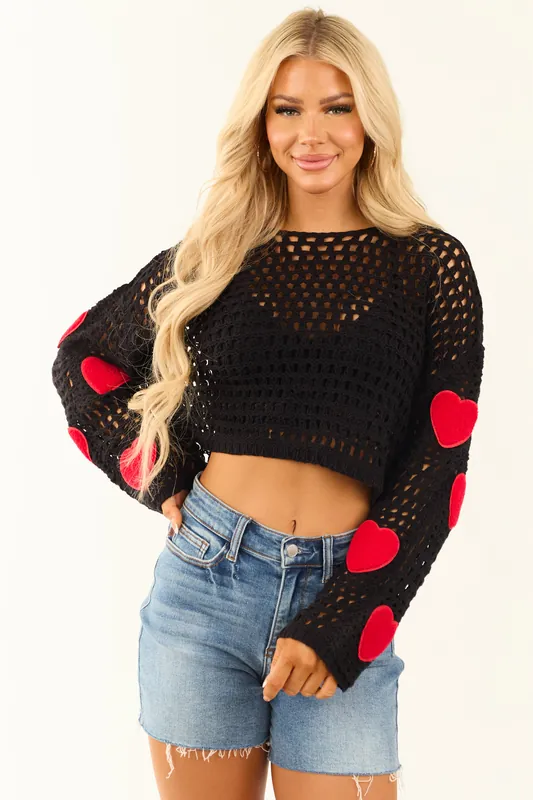 Black Open Crochet Knit Heart Patch Sleeve Sweater - So Me