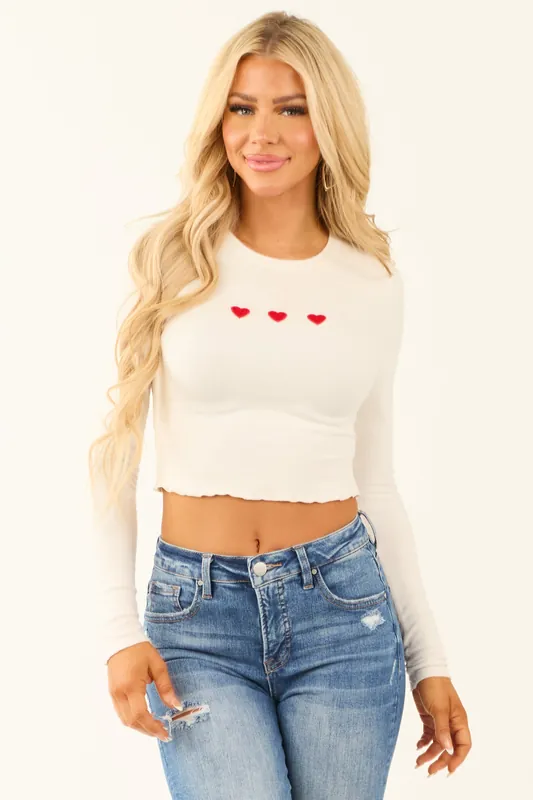 Off White Heart Embroidery Long Sleeve Cropped Top - LE LIS