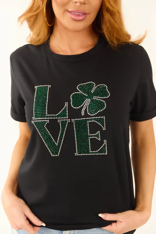 Black 'Love' St Patricks Rhinestone Clover Letter Tee - Kentce